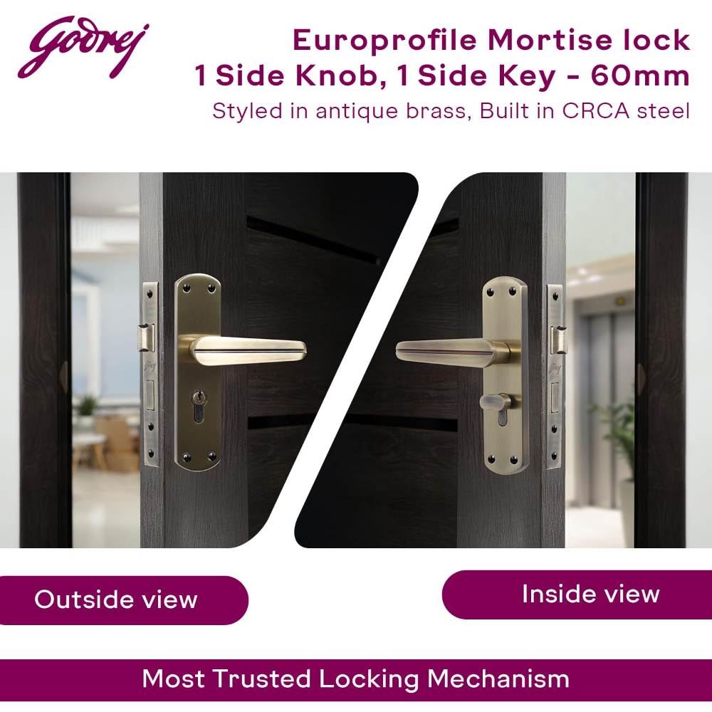 Godrej Mortise Lock I EuroProfile 60mm Cylinder | Double Throw Deadbolt | Common Keys | Reversible Latch | Antique Brass Finish | Anti-Corrosion Brass Body | 5 Year Warranty